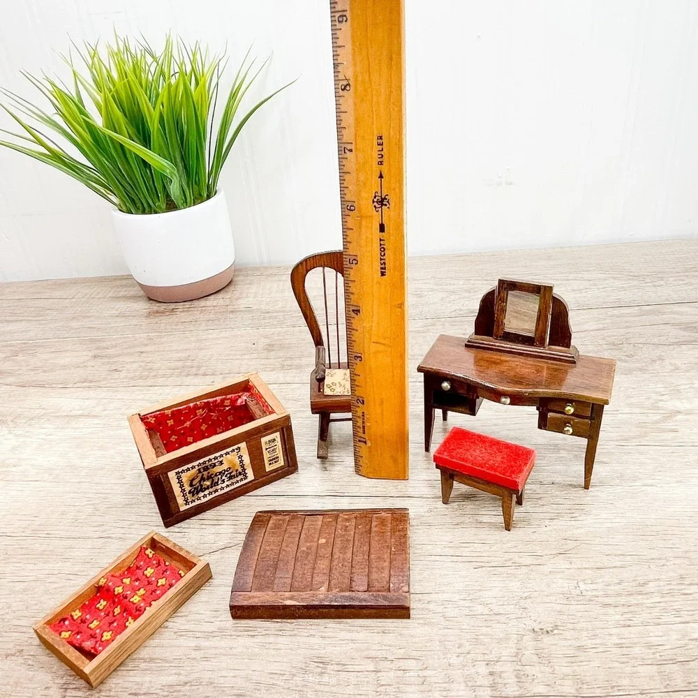 Miniature wooden dollhouse Vanity with Mirror & Stool, Chest, & Rocking Chair